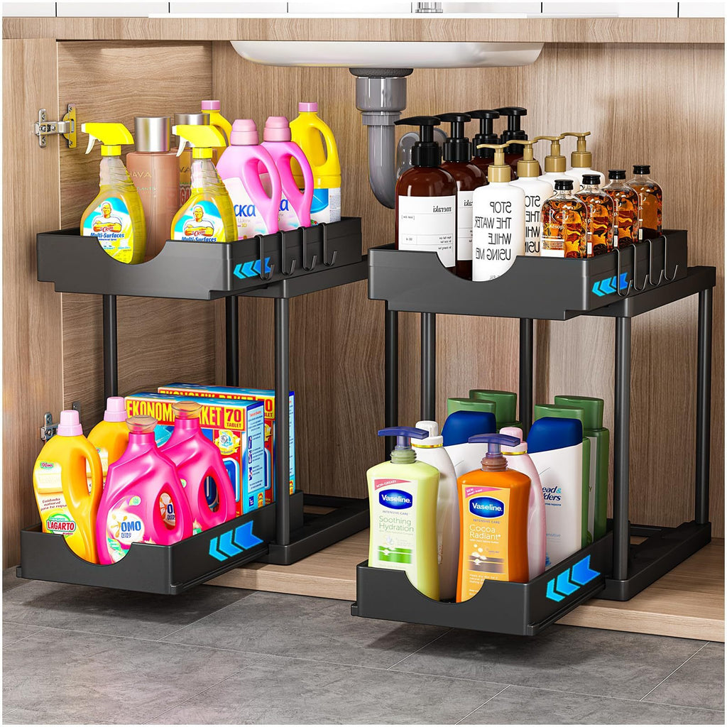 Организатор за кошници под плъзгащ се шкаф, 2 нива за съхранение под шкаф, органайзери за баня под мивка